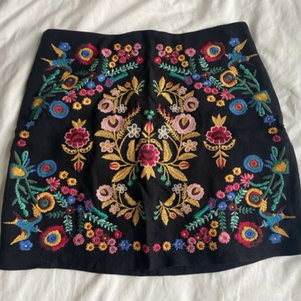 Beautiful Black Mini Skirt with Intricate Colorful Floral Patchwork